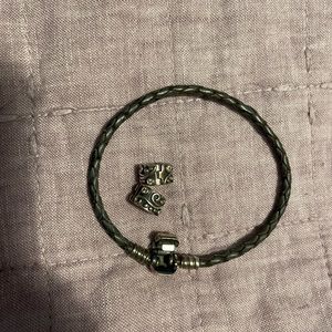 Pandora Black Leather Corded Bracelet & 2 Silver Clips